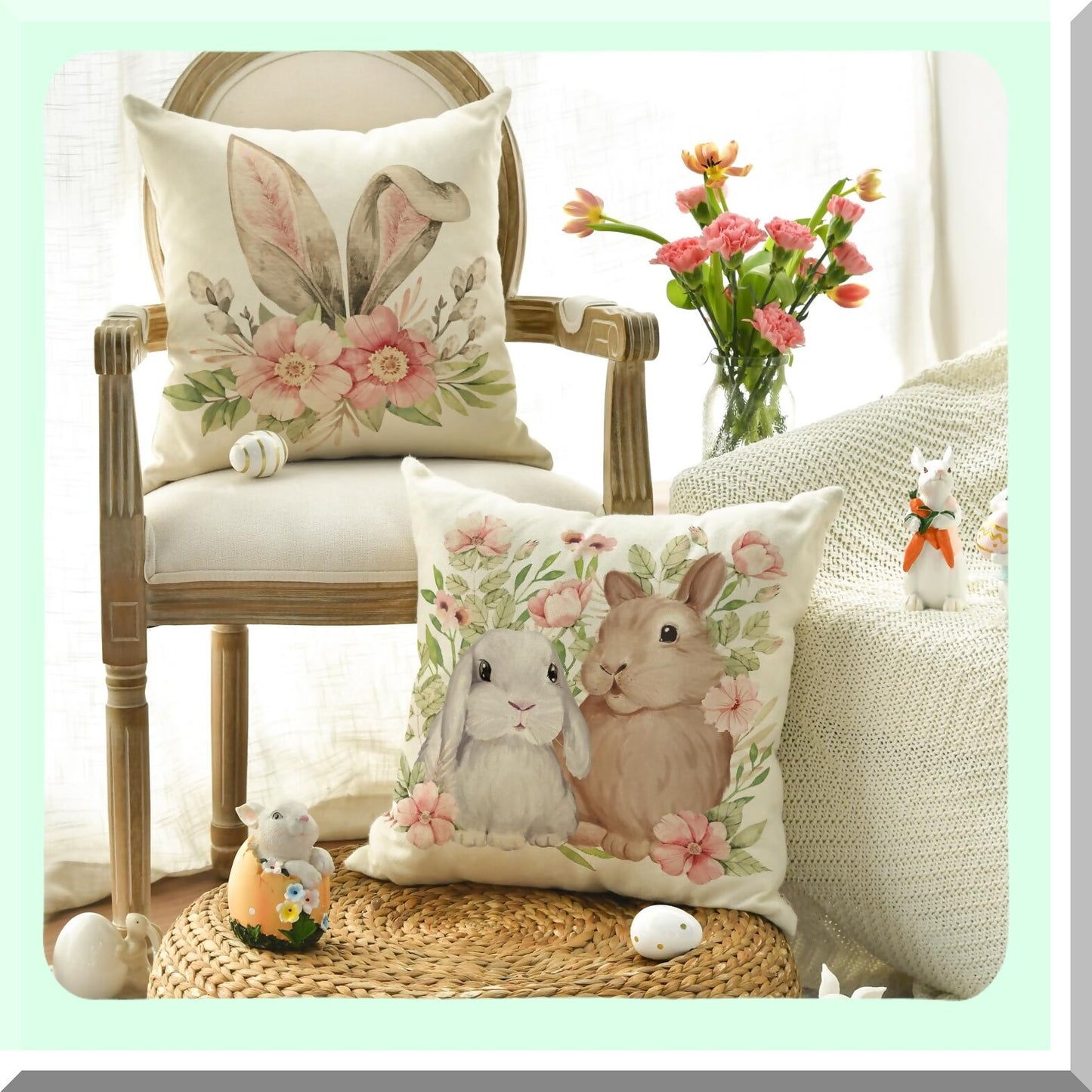 Hoppy Plaid Bird Kind Throw Pillow Set - Rabbit Flower Buffalo Gray Cushion Cover 18x18 Inch Polka Dot Sofa Couch Decoration Case