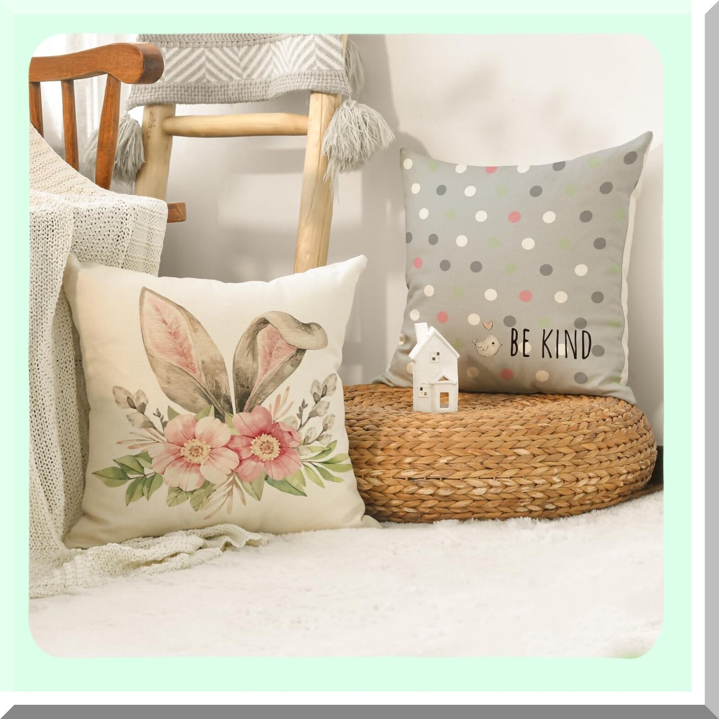 Hoppy Plaid Bird Kind Throw Pillow Set - Rabbit Flower Buffalo Gray Cushion Cover 18x18 Inch Polka Dot Sofa Couch Decoration Case