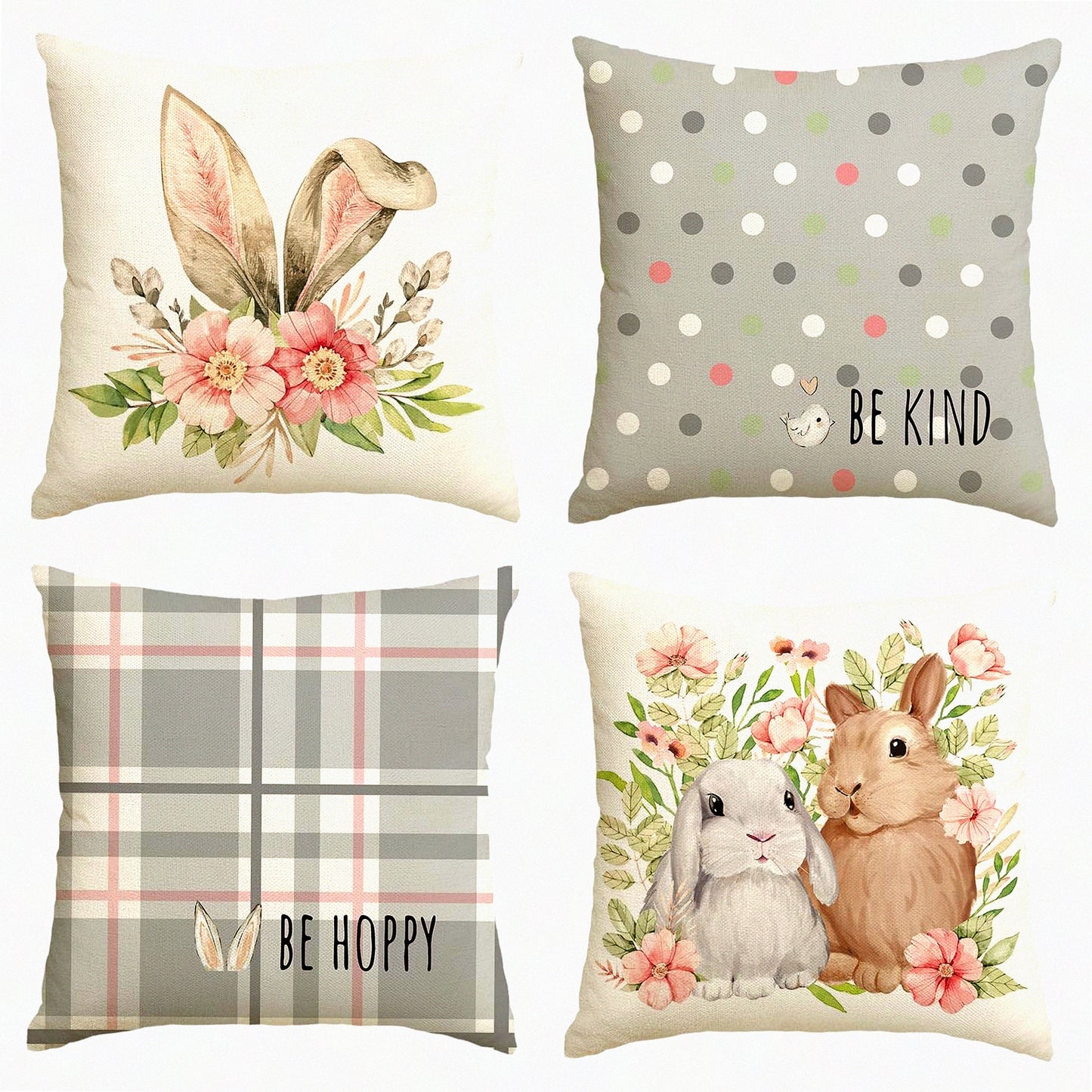 Hoppy Plaid Bird Kind Throw Pillow Set - Rabbit Flower Buffalo Gray Cushion Cover 18x18 Inch Polka Dot Sofa Couch Decoration Case