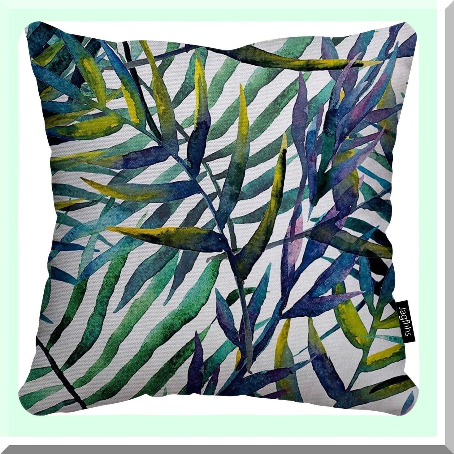 Tropical Island Leaf Art Throw Pillow - Watercolor Cushion Cover, Colorful Palm Leaves Decorative Square Case, Purple Blue Green 16x16"
