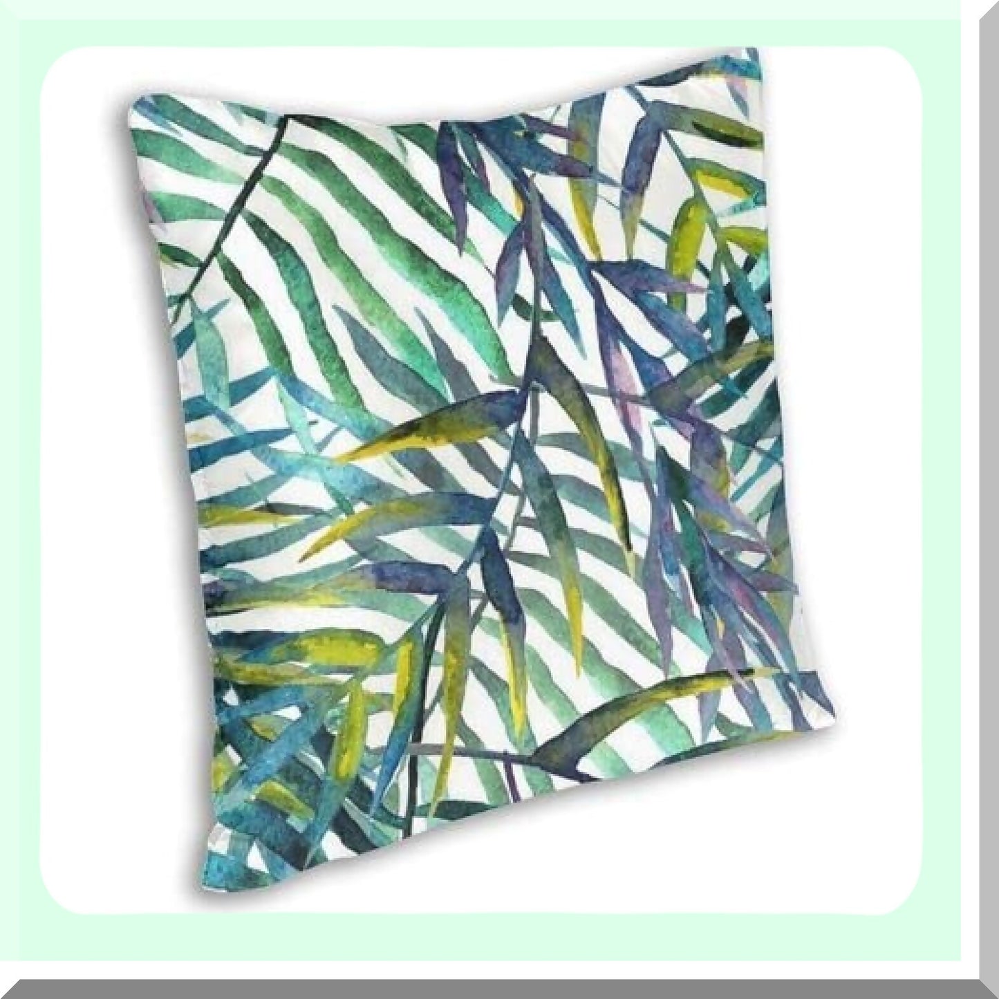 Tropical Island Leaf Art Throw Pillow - Watercolor Cushion Cover, Colorful Palm Leaves Decorative Square Case, Purple Blue Green 16x16"