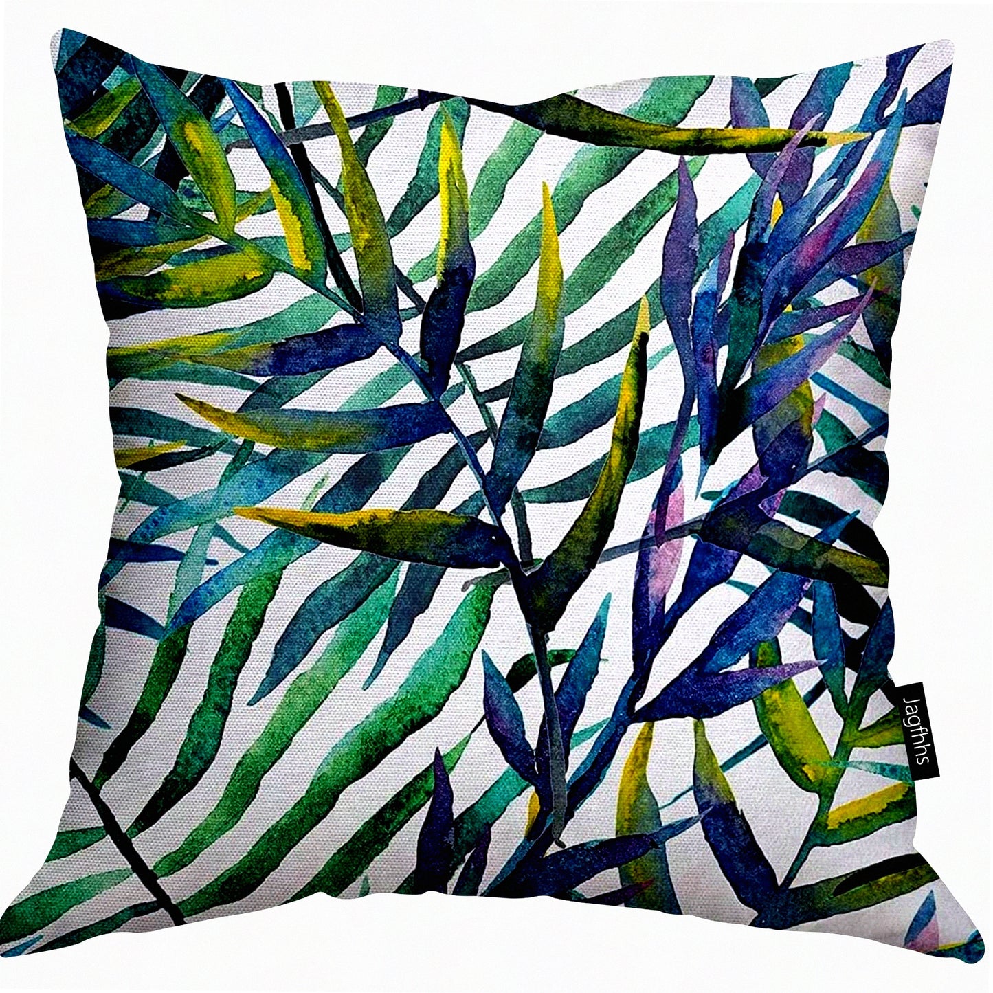 Tropical Island Leaf Art Throw Pillow - Watercolor Cushion Cover, Colorful Palm Leaves Decorative Square Case, Purple Blue Green 16x16"