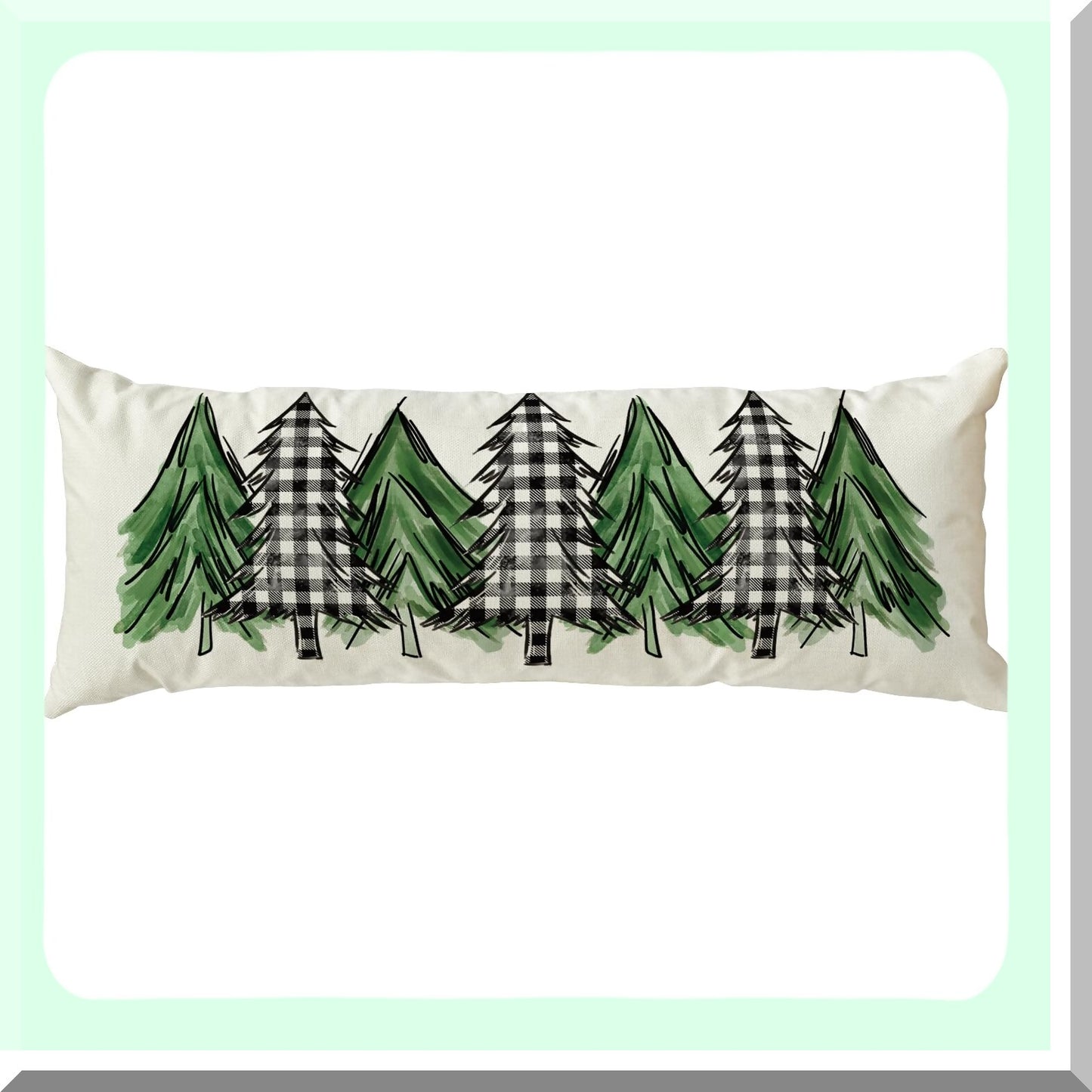 Holiday Buffalo Plaid Tree Lumbar Pillow Cover - Extra Long 14 x 36 Inch Body Case for Bed Sofa Bench - Watercolor Design