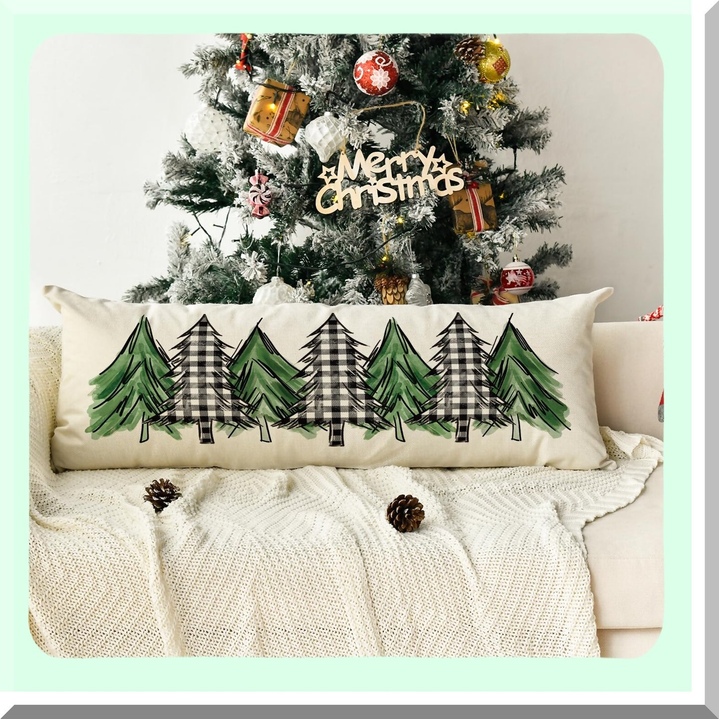 Holiday Buffalo Plaid Tree Lumbar Pillow Cover - Extra Long 14 x 36 Inch Body Case for Bed Sofa Bench - Watercolor Design
