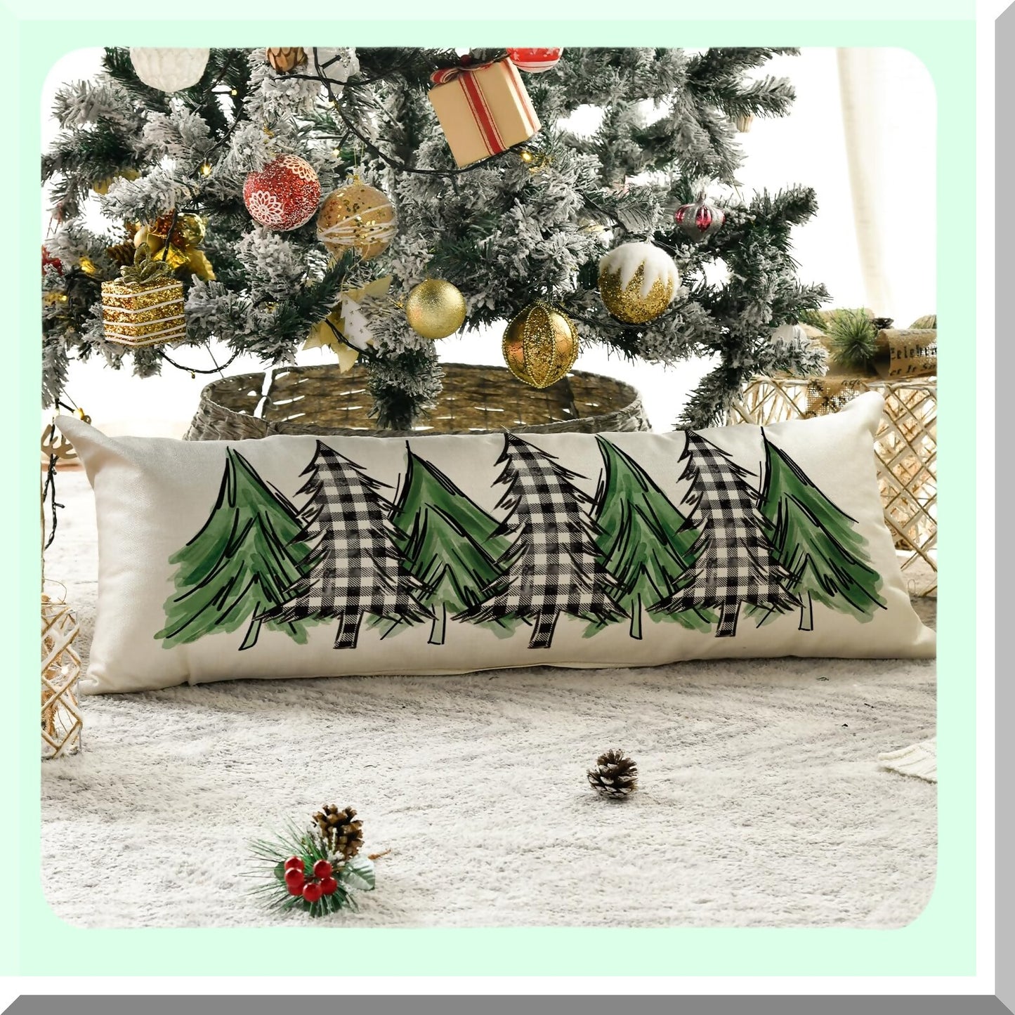 Holiday Buffalo Plaid Tree Lumbar Pillow Cover - Extra Long 14 x 36 Inch Body Case for Bed Sofa Bench - Watercolor Design
