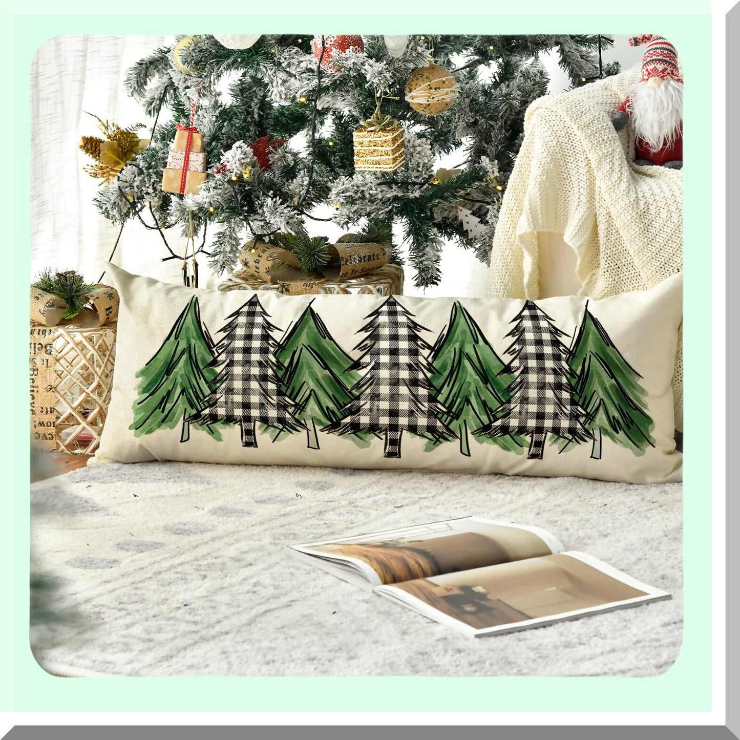 Holiday Buffalo Plaid Tree Lumbar Pillow Cover - Extra Long 14 x 36 Inch Body Case for Bed Sofa Bench - Watercolor Design
