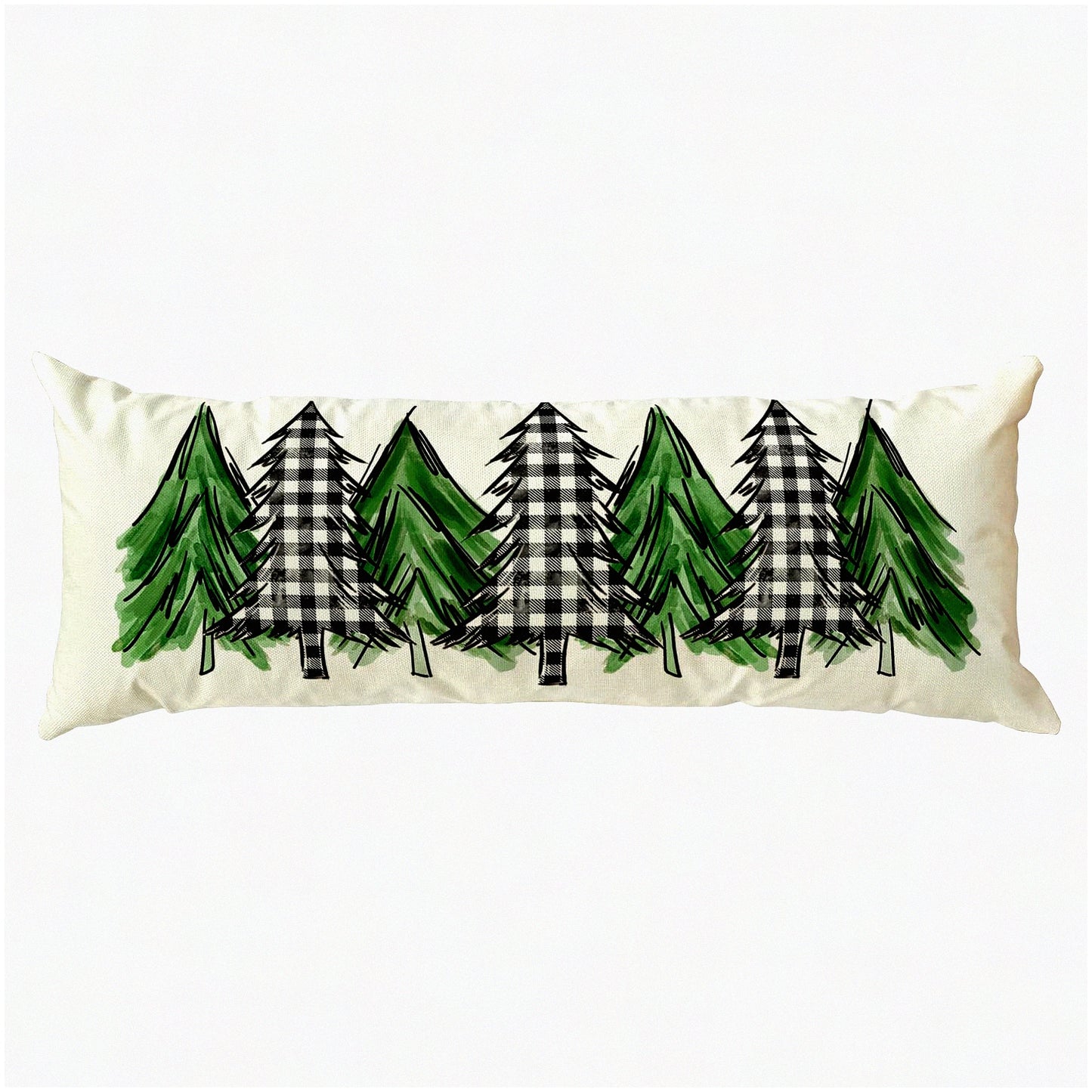 Holiday Buffalo Plaid Tree Lumbar Pillow Cover - Extra Long 14 x 36 Inch Body Case for Bed Sofa Bench - Watercolor Design