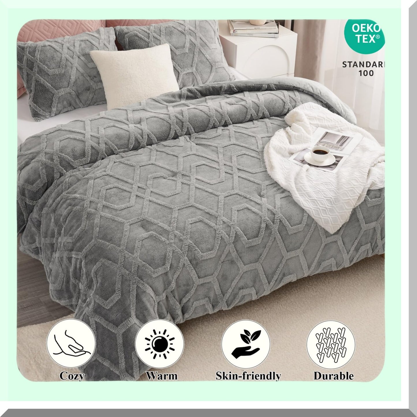 CozySherpa 3-Piece Fluffy Comforter Set - 3D Tufted Bedding, Soft Shaggy Sherpa, Winter Grey, 104x90Inch - Warm Fuzzy Bedding for Ultimate Comfort