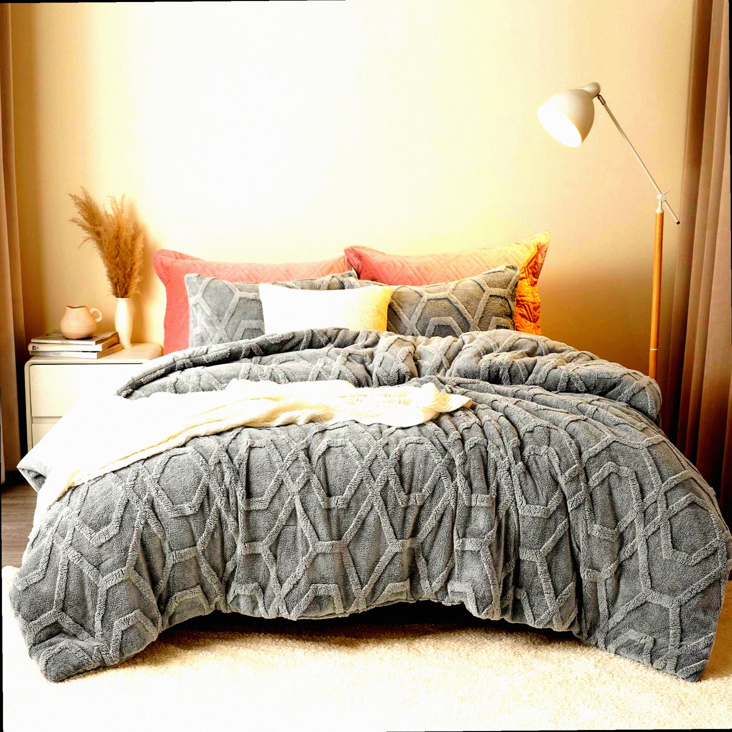 CozySherpa 3-Piece Fluffy Comforter Set - 3D Tufted Bedding, Soft Shaggy Sherpa, Winter Grey, 104x90Inch - Warm Fuzzy Bedding for Ultimate Comfort