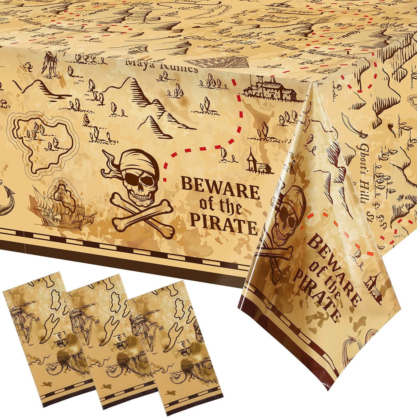 Pirate Treasure Map Tablecloth Set - Nautical Island Party Supplies for Birthday Decorations - Plastic Table Covers (54 x 108 Inches, 3 Pieces)