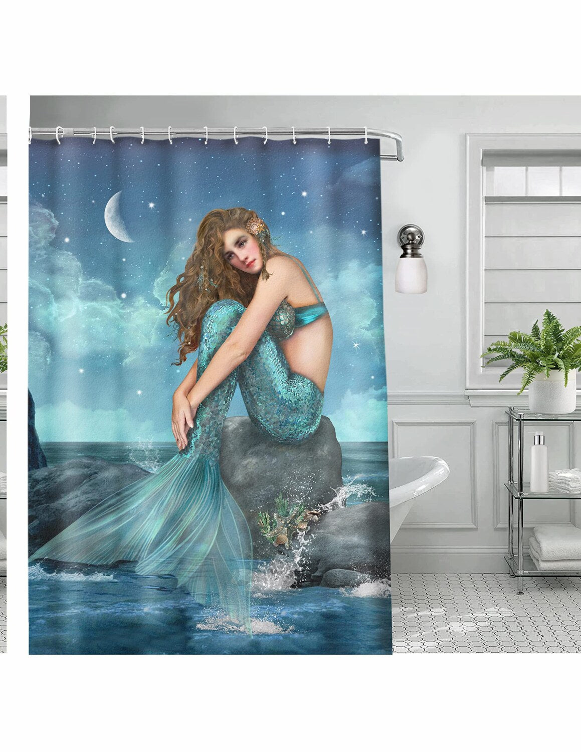 Twinkling Stars Mermaid Print Polyester Shower Curtain