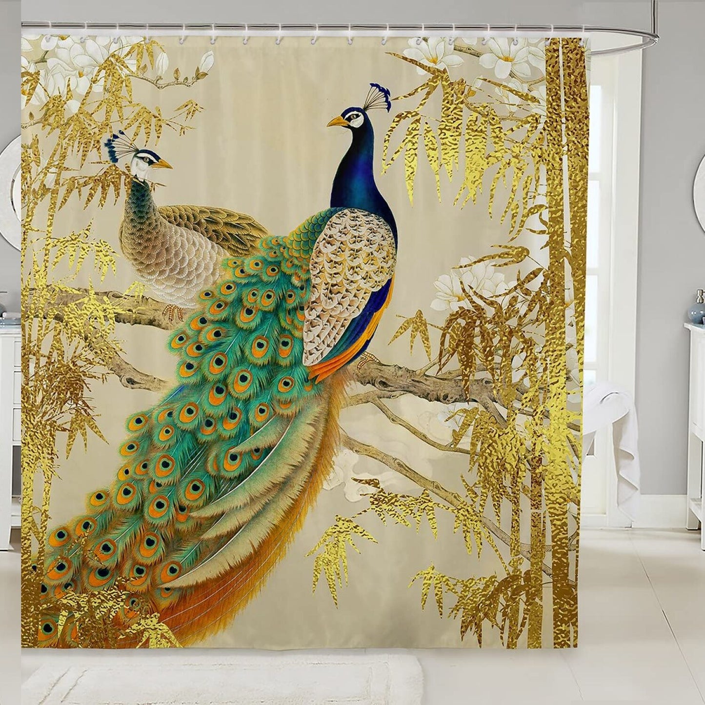 Luxury Peacock Shower Curtain with Gold Bamboo Leaves, 72"
