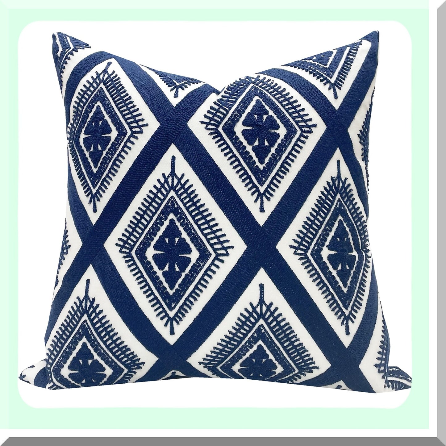 Geometric Navy Blue Embroidery Cushion - Decorative Throw Pillow with Invisible Zipper - 18x18 Inch Living Room Pillow Cover