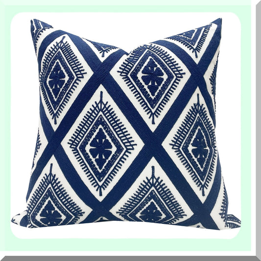 Geometric Navy Blue Embroidery Cushion 18x18