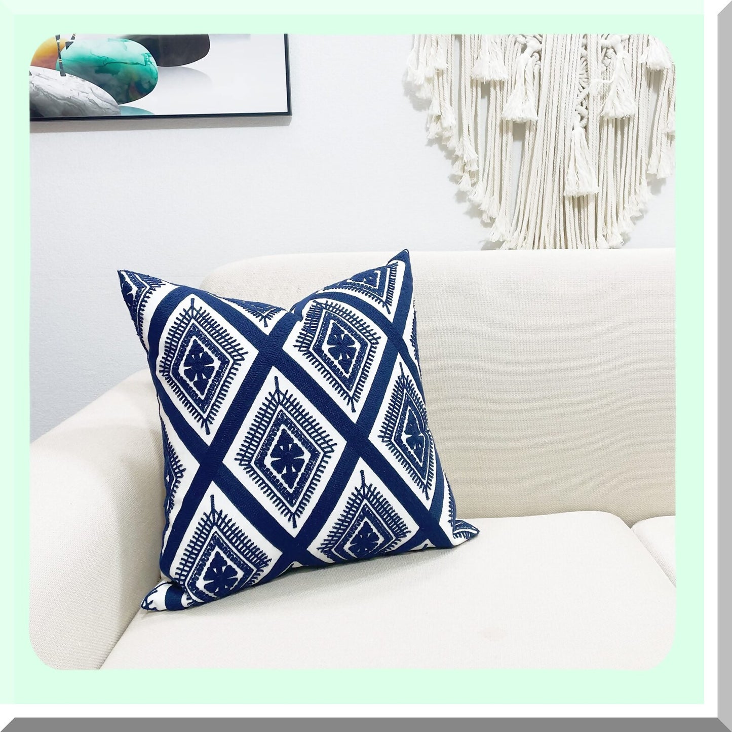 Geometric Navy Blue Embroidery Cushion - Decorative Throw Pillow with Invisible Zipper - 18x18 Inch Living Room Pillow Cover