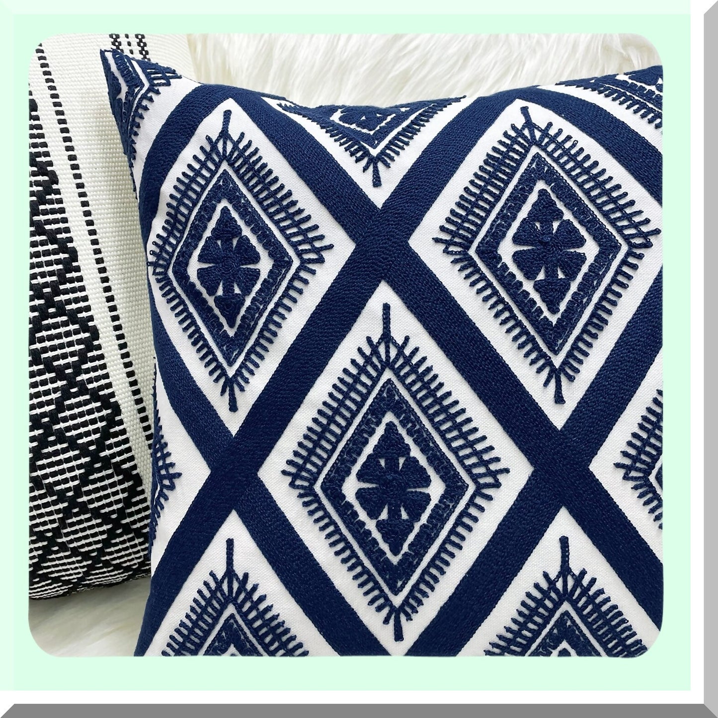 Geometric Navy Blue Embroidery Cushion - Decorative Throw Pillow with Invisible Zipper - 18x18 Inch Living Room Pillow Cover