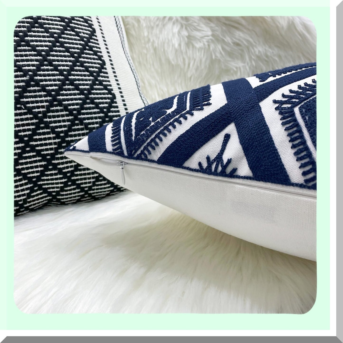 Geometric Navy Blue Embroidery Cushion - Decorative Throw Pillow with Invisible Zipper - 18x18 Inch Living Room Pillow Cover