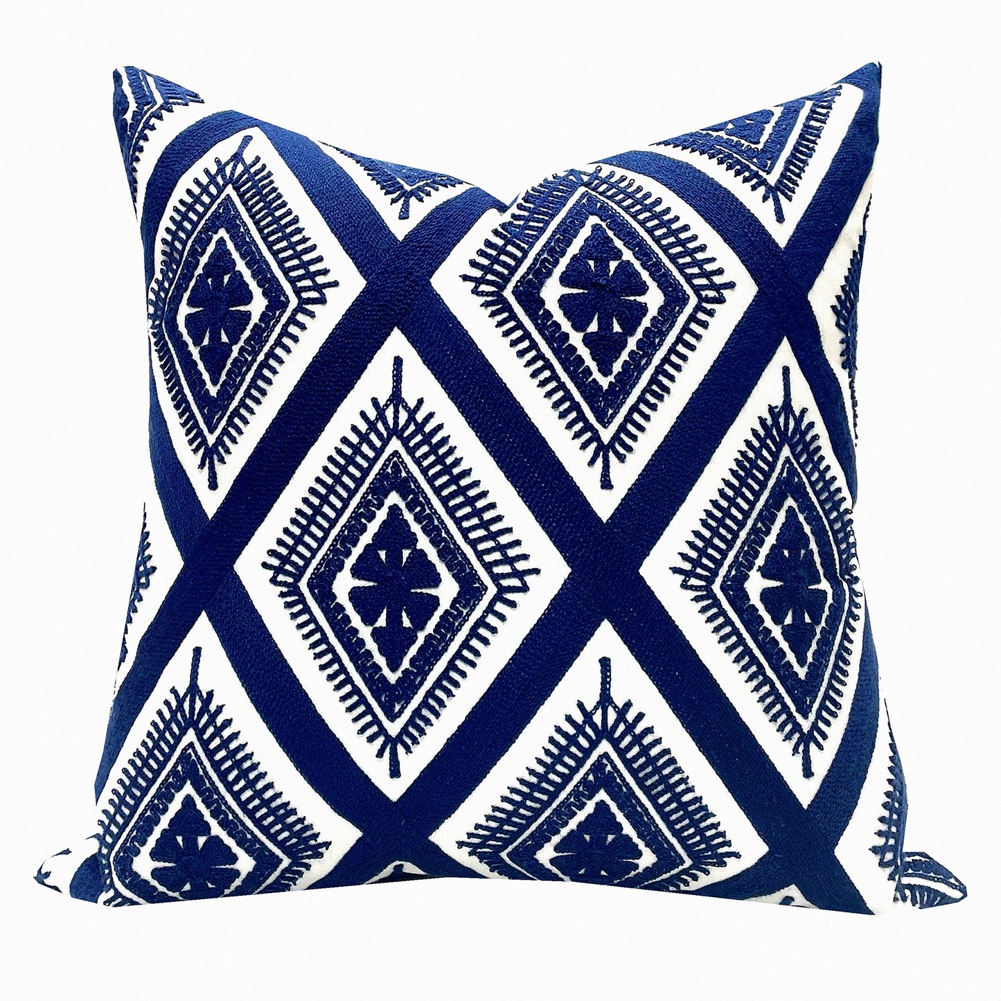 Geometric Navy Blue Embroidery Cushion - Decorative Throw Pillow with Invisible Zipper - 18x18 Inch Living Room Pillow Cover