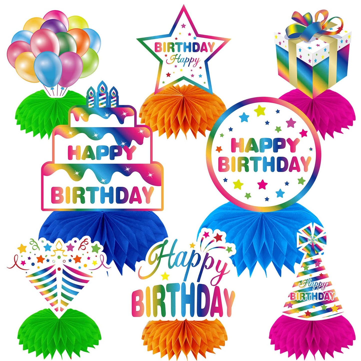 Rainbow Iridescent Birthday Honeycomb Centerpiece - Colorful Theme Party Supplies for Boys Girls - Holographic Happy Birthday Table Topper