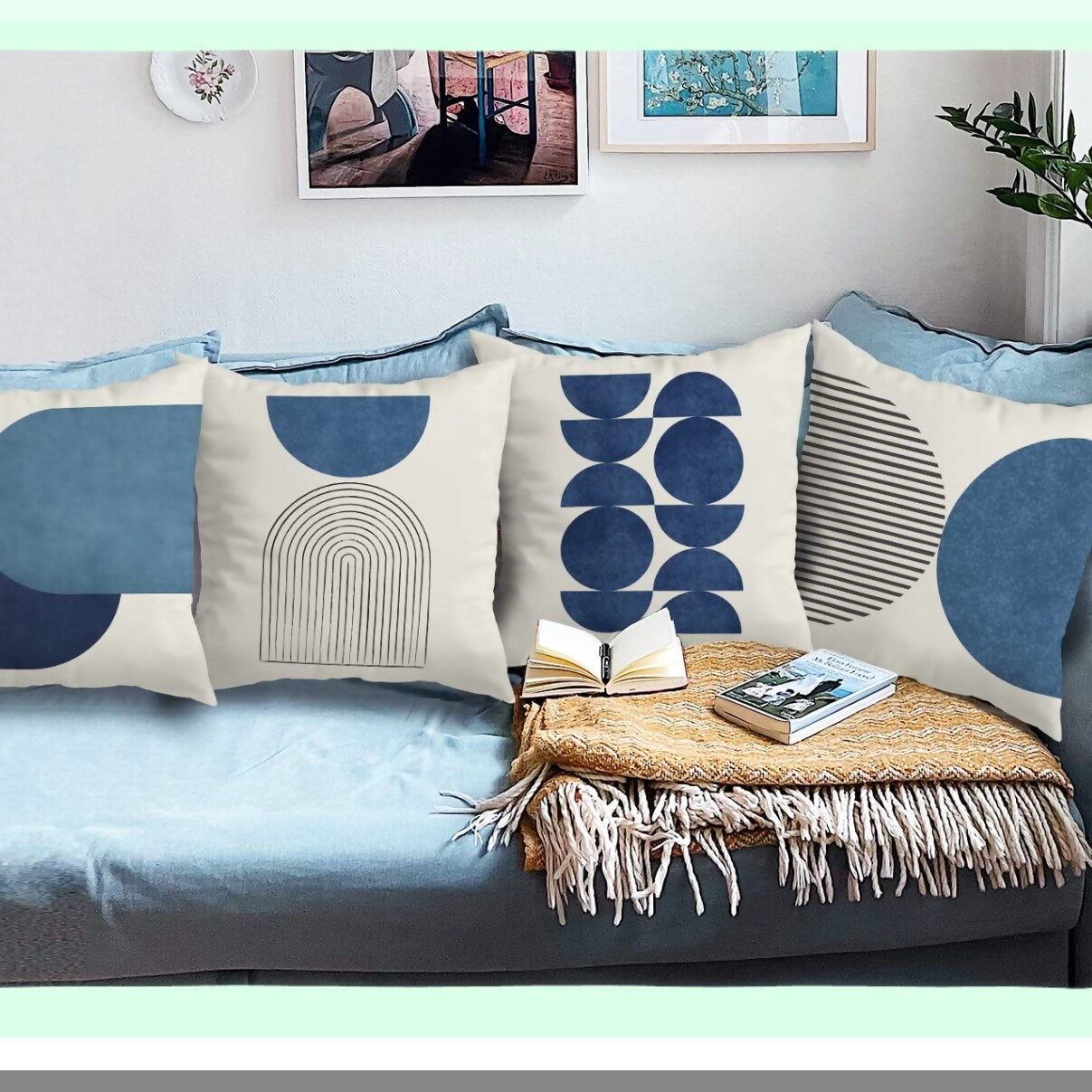 Blue Boho Abstract Pillow Covers - Set of 4 | Modern Minimalist Art Decor for Living Room, Bedroom, Guest Room | 18x18 Inch Throw Cushion Cases for Sofa, Couch, Bench | Unique Bohemian Lover Gifts