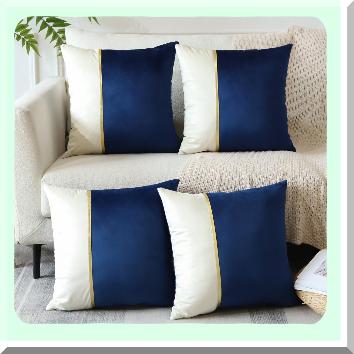 Luxury Velvet Patchwork Pillow Covers - Set of 4 Decorative Throw Pillowcases with Gold Leather Accents for Sofa, Patio, Farmhouse & Bedroom Décor in Dark Blue 18x18 Inch Square