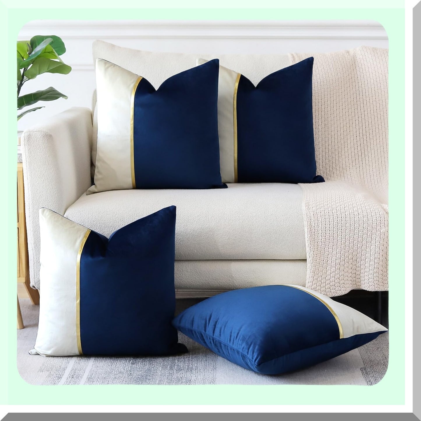 Luxury Velvet Patchwork Pillow Covers - Set of 4 Decorative Throw Pillowcases with Gold Leather Accents for Sofa, Patio, Farmhouse & Bedroom Décor in Dark Blue 18x18 Inch Square