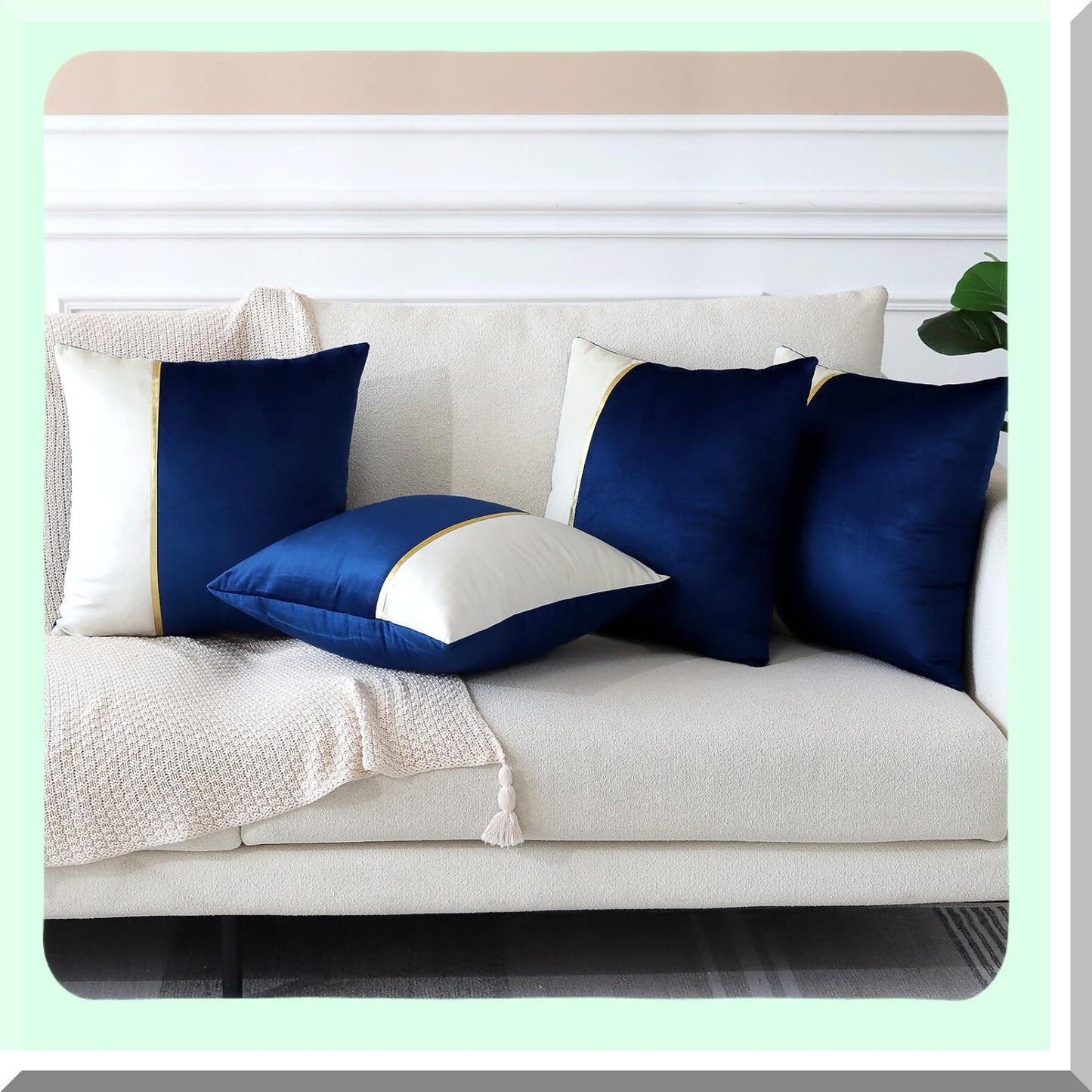 Luxury Velvet Patchwork Pillow Covers - Set of 4 Decorative Throw Pillowcases with Gold Leather Accents for Sofa, Patio, Farmhouse & Bedroom Décor in Dark Blue 18x18 Inch Square