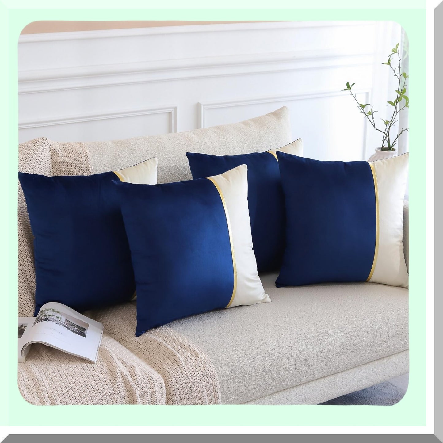Luxury Velvet Patchwork Pillow Covers - Set of 4 Decorative Throw Pillowcases with Gold Leather Accents for Sofa, Patio, Farmhouse & Bedroom Décor in Dark Blue 18x18 Inch Square