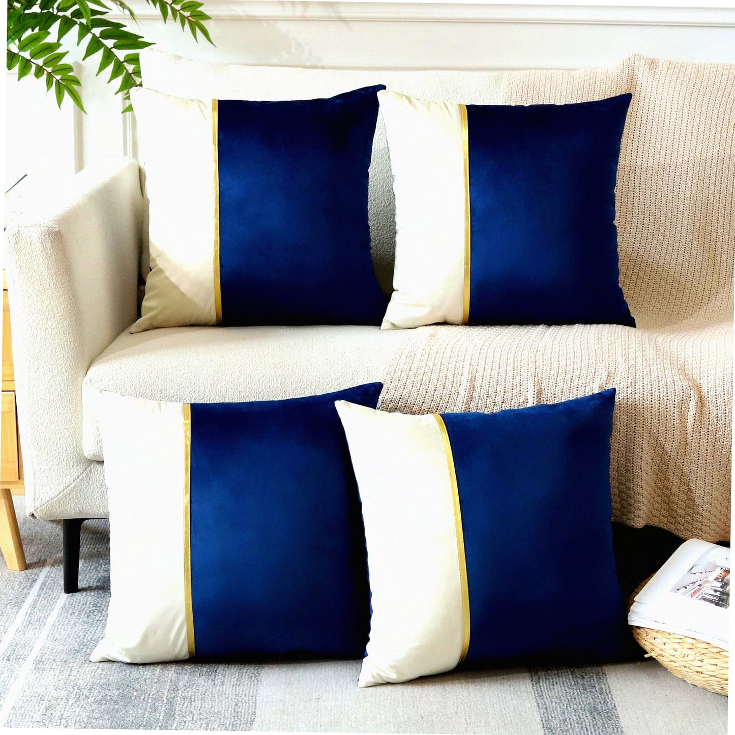 Luxury Velvet Patchwork Pillow Covers - Set of 4 Decorative Throw Pillowcases with Gold Leather Accents for Sofa, Patio, Farmhouse & Bedroom Décor in Dark Blue 18x18 Inch Square