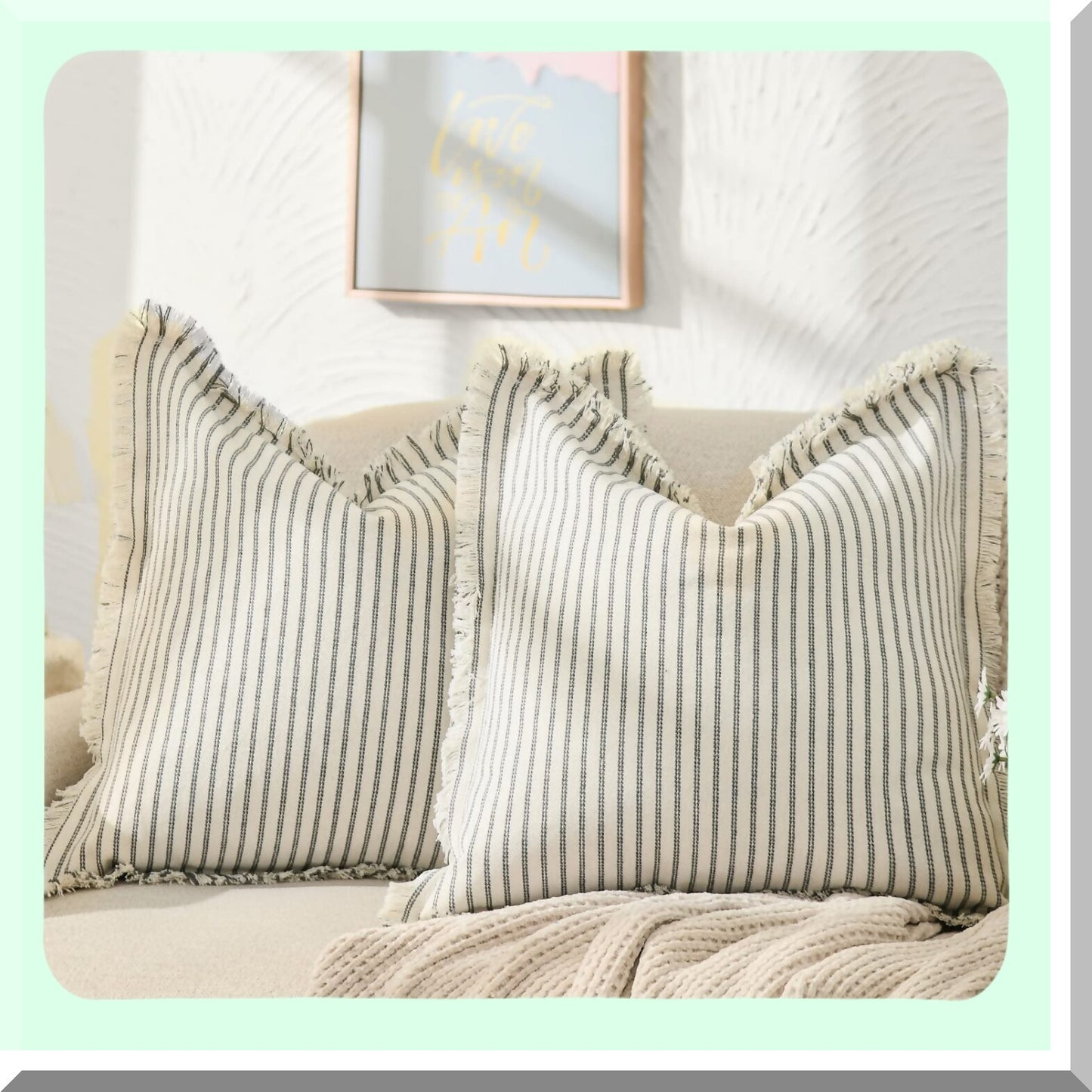 Striped Fringe Chic Cotton Pillow Covers - Set of 2 | Decorative Square Cushion Covers for Sofa Couch Bed | Farmhouse Living Room Decor 18x18