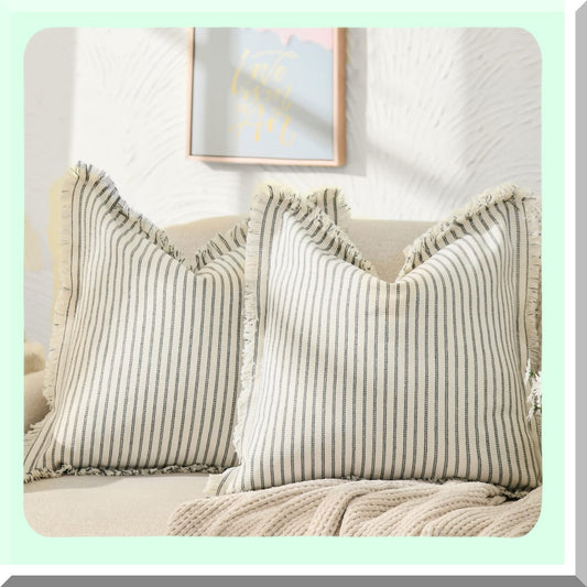 Striped Fringe Cotton Pillow Covers Set of 2