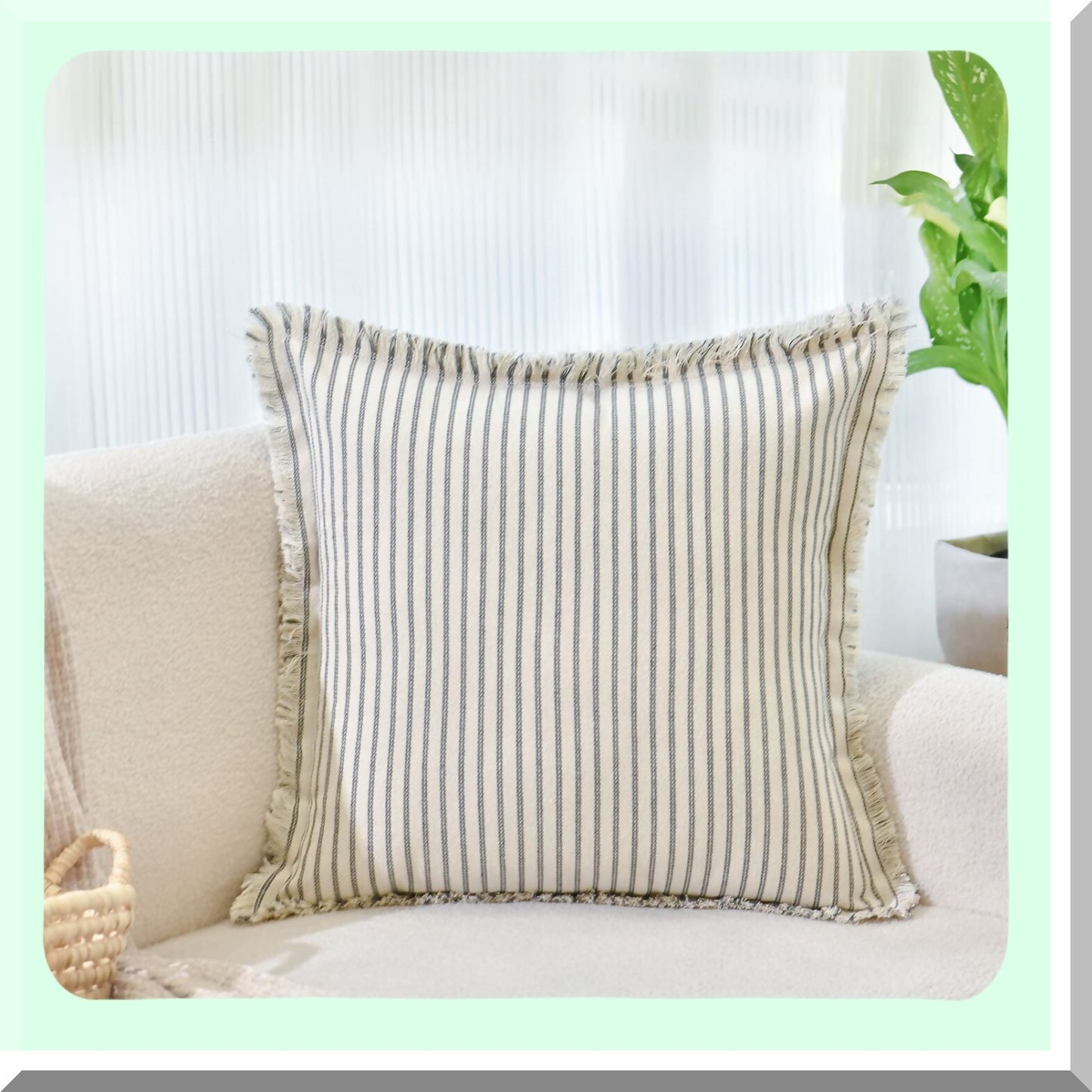 Striped Fringe Chic Cotton Pillow Covers - Set of 2 | Decorative Square Cushion Covers for Sofa Couch Bed | Farmhouse Living Room Decor 18x18