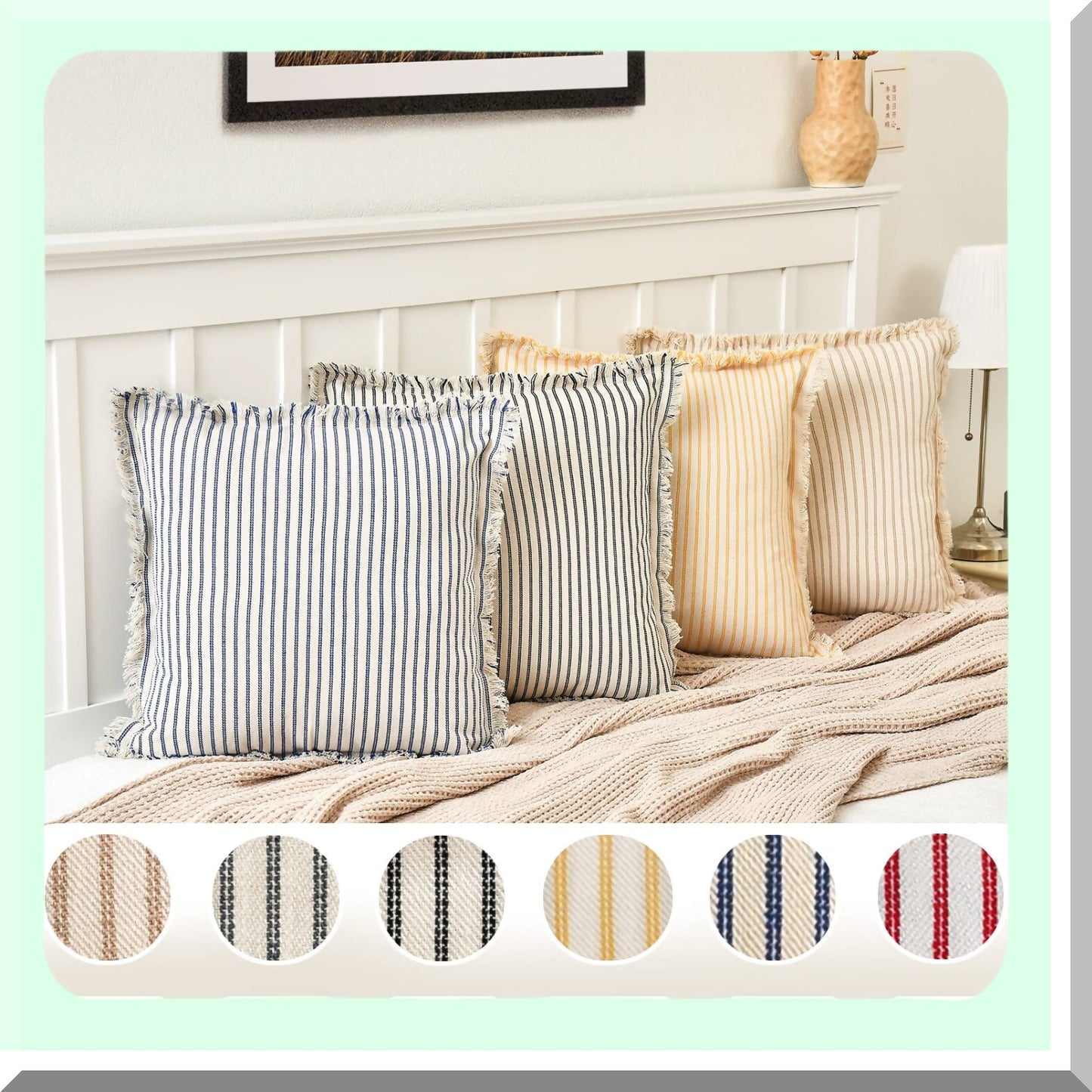 Striped Fringe Chic Cotton Pillow Covers - Set of 2 | Decorative Square Cushion Covers for Sofa Couch Bed | Farmhouse Living Room Decor 18x18