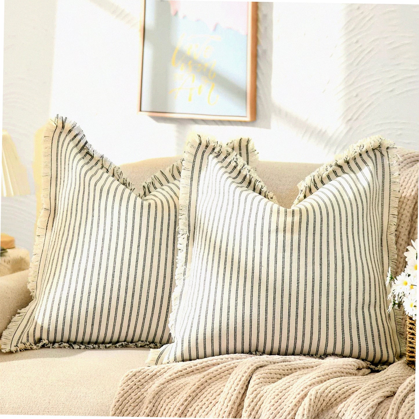 Striped Fringe Chic Cotton Pillow Covers - Set of 2 | Decorative Square Cushion Covers for Sofa Couch Bed | Farmhouse Living Room Decor 18x18