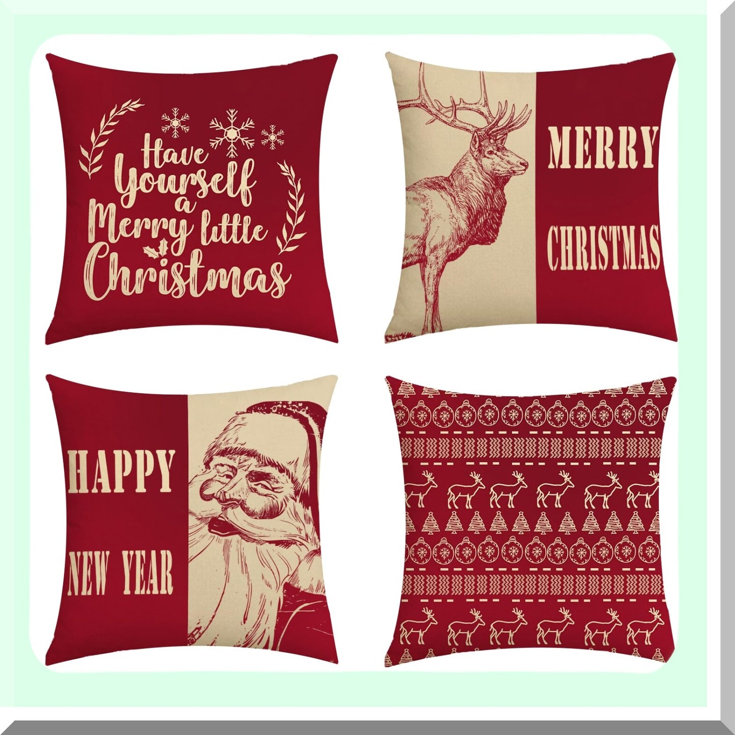 Reindeer Joy Pillowcase Set - 18x18 Inch Red Decorative Cushion Covers for Happy New Year Home Decor - Set of 4 Xmas Throw Pillow Covers