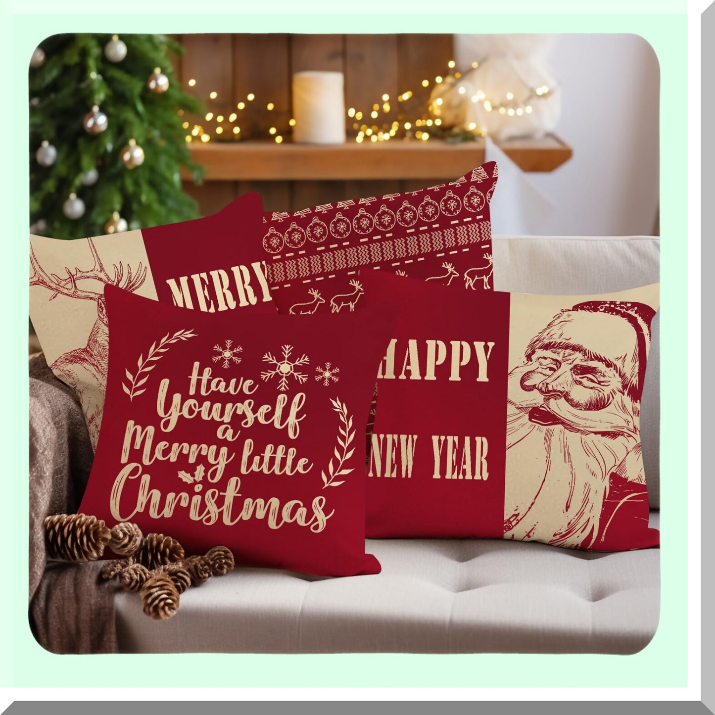 Reindeer Joy Pillowcase Set - 18x18 Inch Red Decorative Cushion Covers for Happy New Year Home Decor - Set of 4 Xmas Throw Pillow Covers