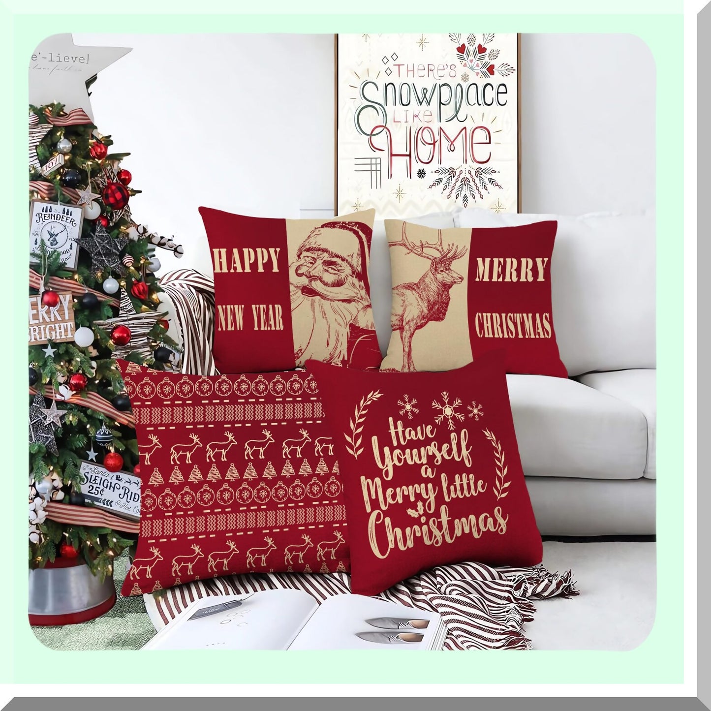 Reindeer Joy Pillowcase Set - 18x18 Inch Red Decorative Cushion Covers for Happy New Year Home Decor - Set of 4 Xmas Throw Pillow Covers