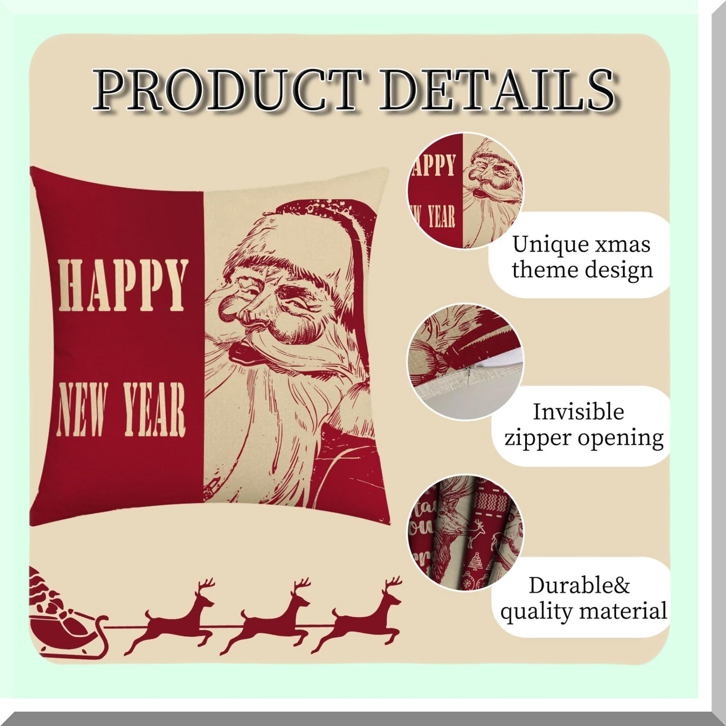 Reindeer Joy Pillowcase Set - 18x18 Inch Red Decorative Cushion Covers for Happy New Year Home Decor - Set of 4 Xmas Throw Pillow Covers