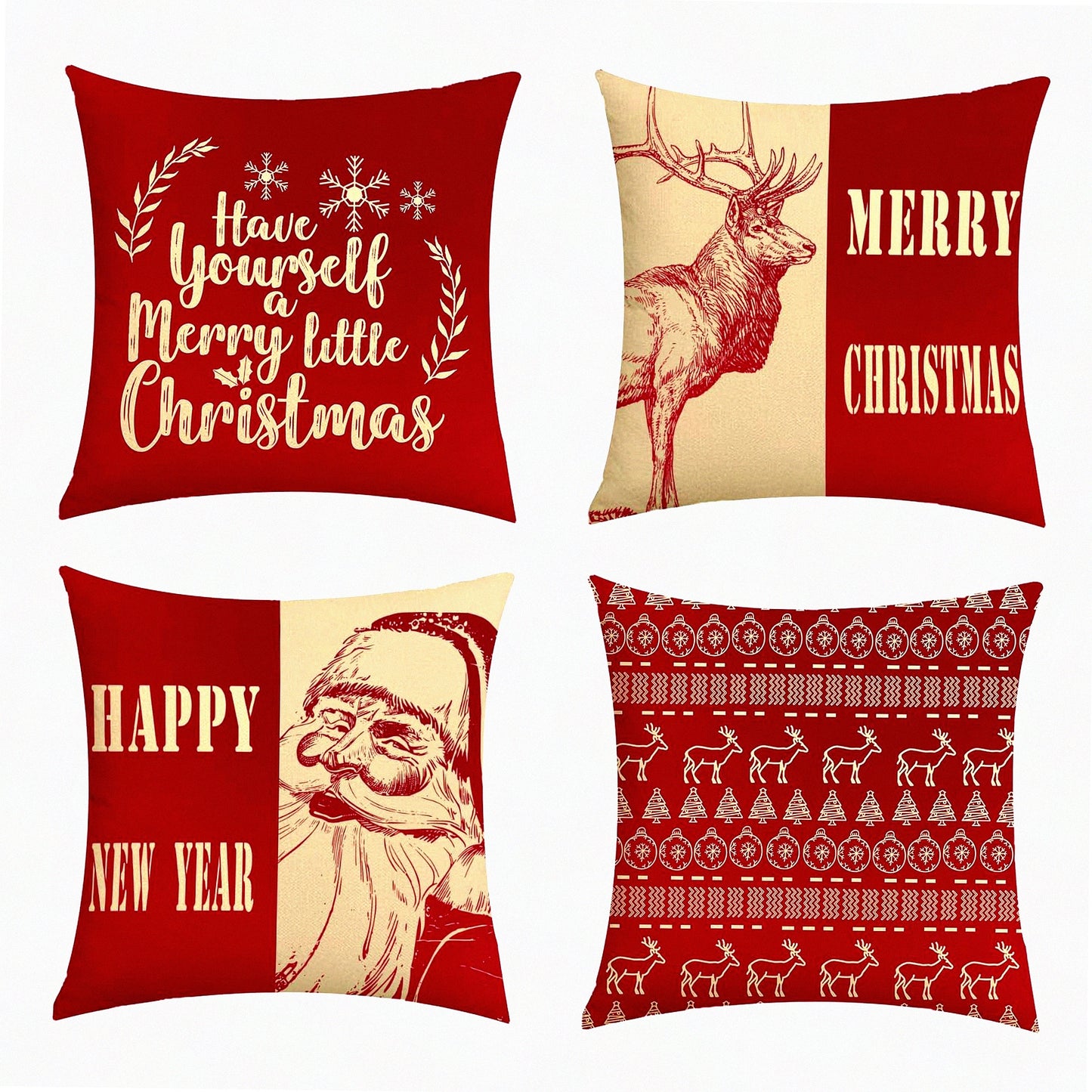 Reindeer Joy Pillowcase Set - 18x18 Inch Red Decorative Cushion Covers for Happy New Year Home Decor - Set of 4 Xmas Throw Pillow Covers