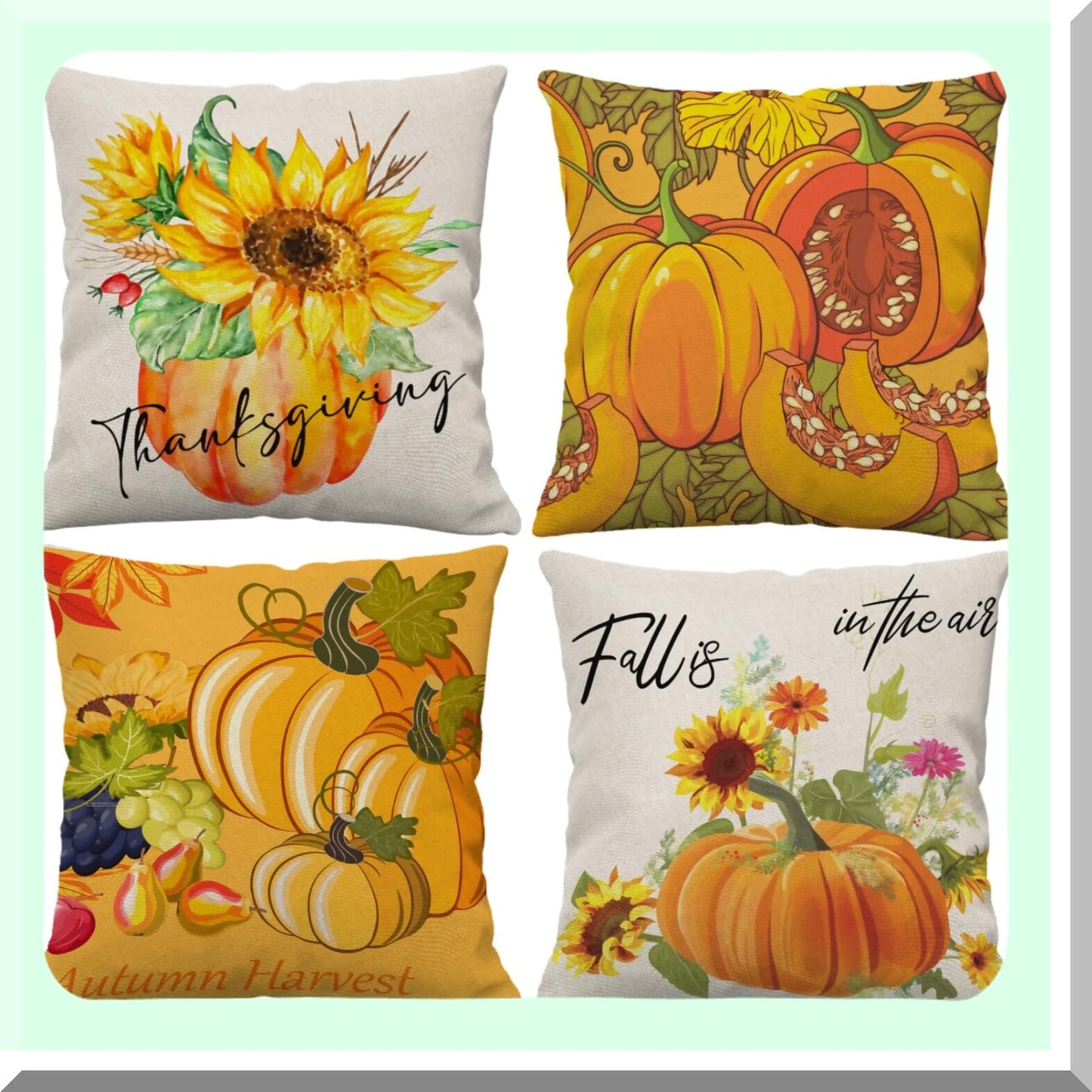 Autumn Harvest Pillow Covers Set - Fall Thanksgiving Decor 18x18 - Autumn Leaves Throw Pillow Cases - Decorative Sofa Couch Pillows for Fall Theme