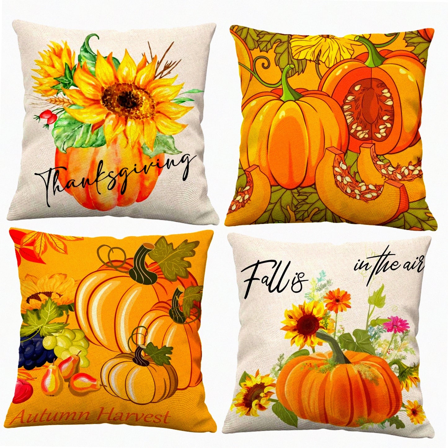 Autumn Harvest Pillow Covers Set - Fall Thanksgiving Decor 18x18 - Autumn Leaves Throw Pillow Cases - Decorative Sofa Couch Pillows for Fall Theme