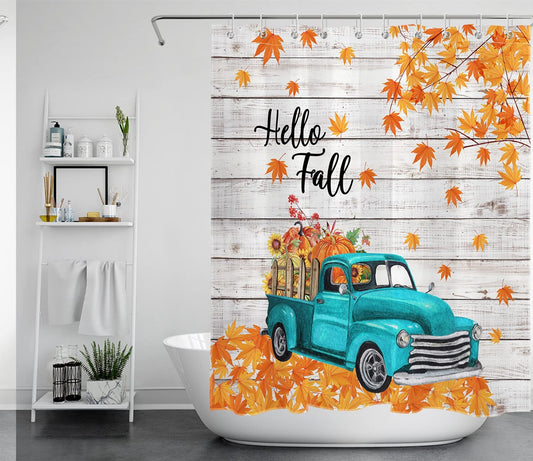 Hello Fall Blue Truck Pumpkin Sunflower Shower Curtain 60x72