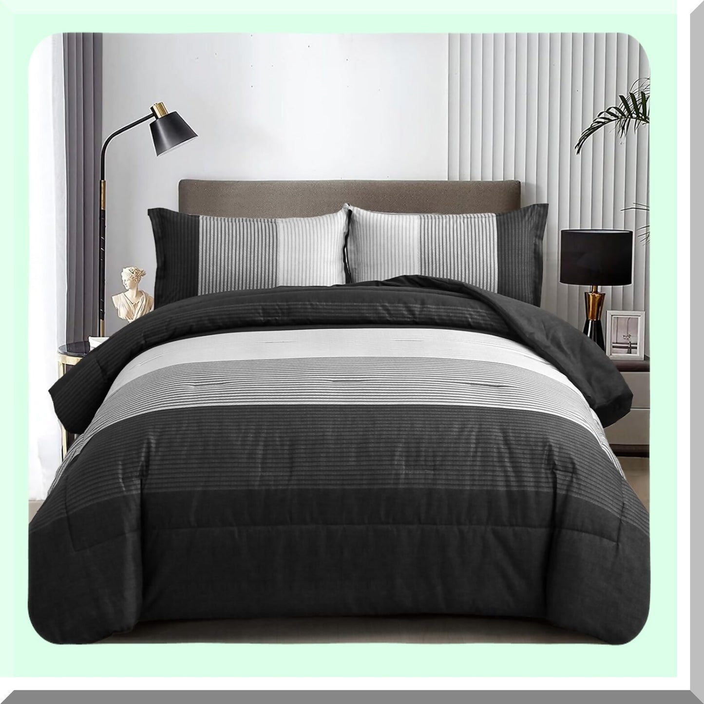 Luxury Stripe Comforter Set - Queen Size 3 Piece Bedding Set, Reversible Black Grey Down Alternative Comforter with Pillowcases. Soft Microfiber, All Season 90"90"