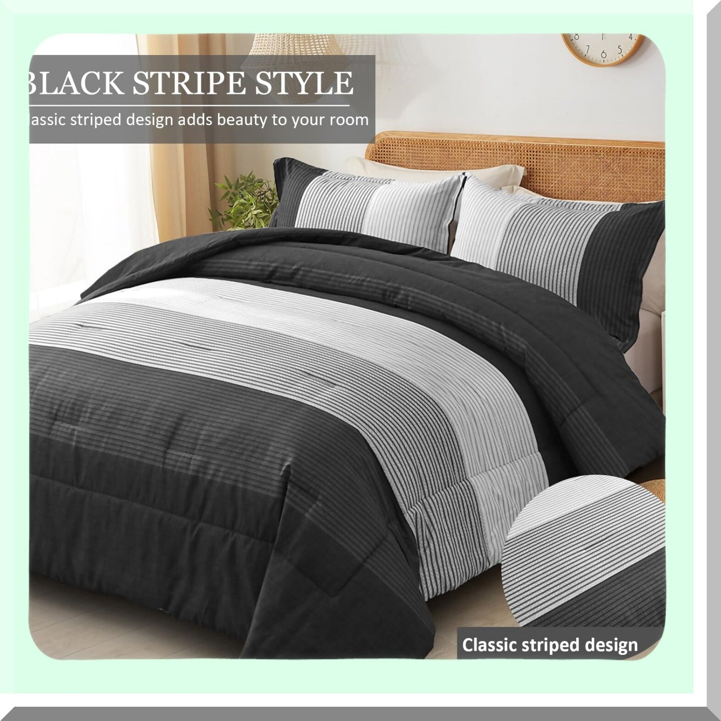 Luxury Stripe Comforter Set - Queen Size 3 Piece Bedding Set, Reversible Black Grey Down Alternative Comforter with Pillowcases. Soft Microfiber, All Season 90"90"