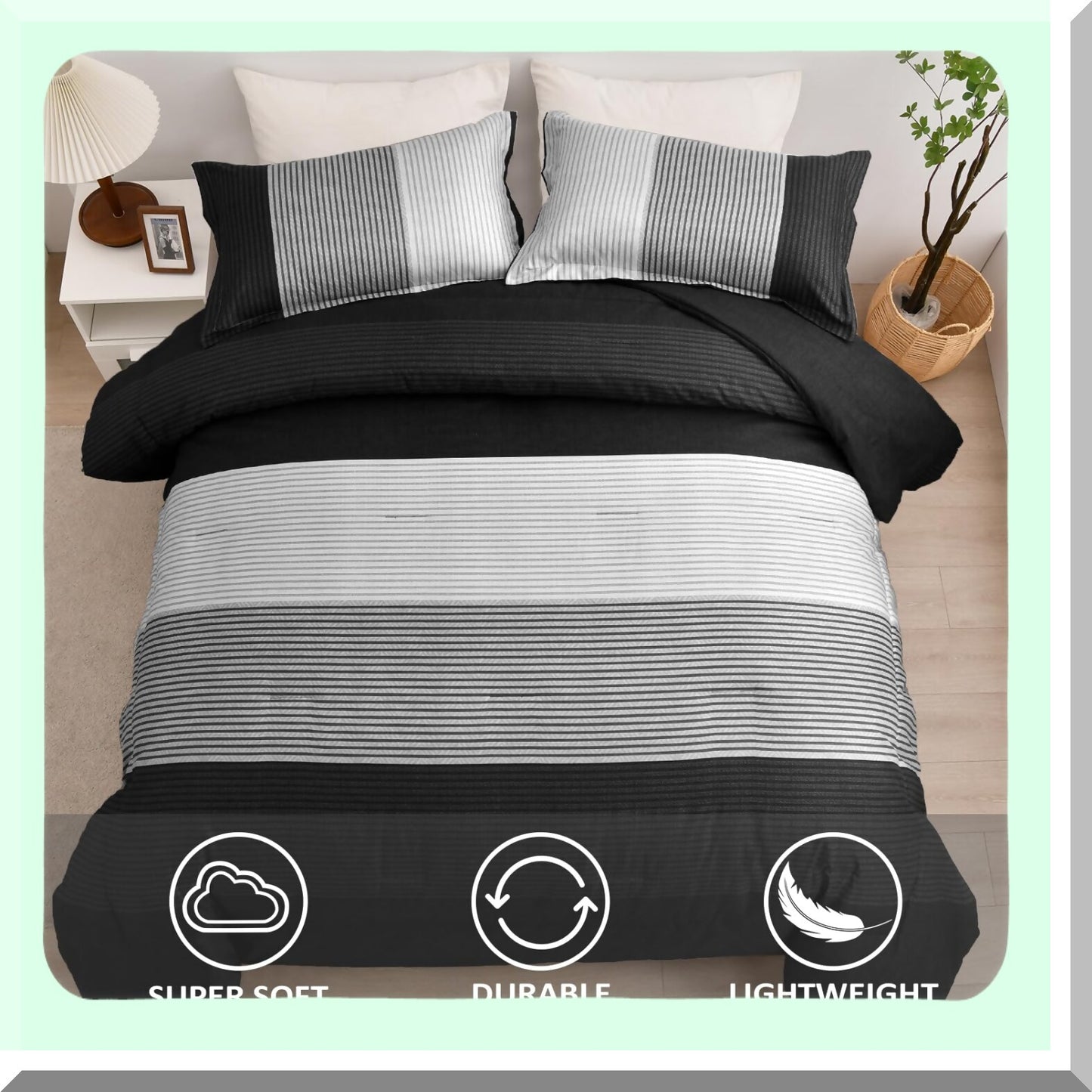 Luxury Stripe Comforter Set - Queen Size 3 Piece Bedding Set, Reversible Black Grey Down Alternative Comforter with Pillowcases. Soft Microfiber, All Season 90"90"