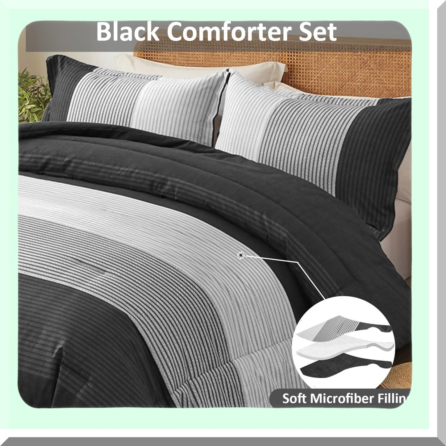 Luxury Stripe Comforter Set - Queen Size 3 Piece Bedding Set, Reversible Black Grey Down Alternative Comforter with Pillowcases. Soft Microfiber, All Season 90"90"