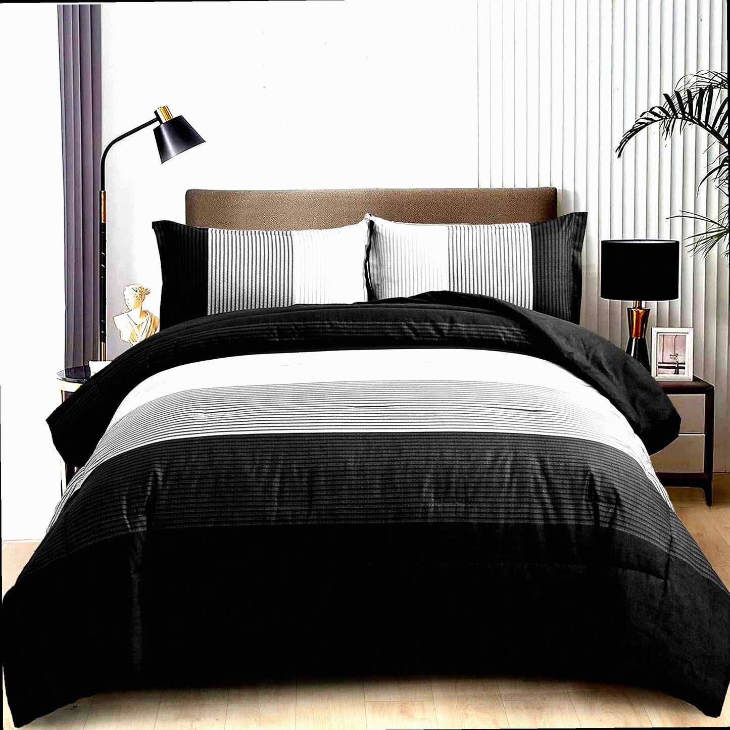 Luxury Stripe Comforter Set - Queen Size 3 Piece Bedding Set, Reversible Black Grey Down Alternative Comforter with Pillowcases. Soft Microfiber, All Season 90"90"