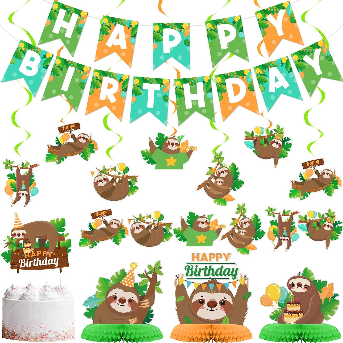 Sloth Party Pack: Happy Birthday Banner, Cake Toppers, Honeycomb Centerpiece - Perfect Decorations Set for Baby Shower or Birthday Celebration!