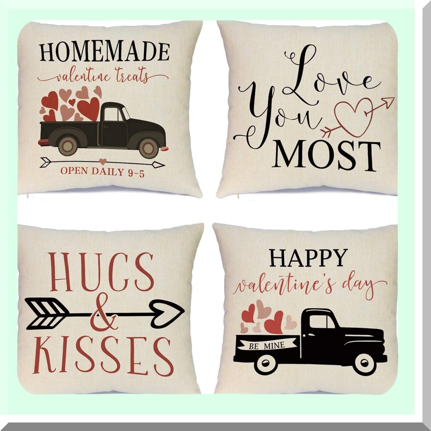 Heartfelt Love Decor Set - Valentine's Day Pillow Covers 18x18 Inches (Set of 4) - Red Heart Truck & Love Arrow Throw Pillow Covers for Sofa & Couch
