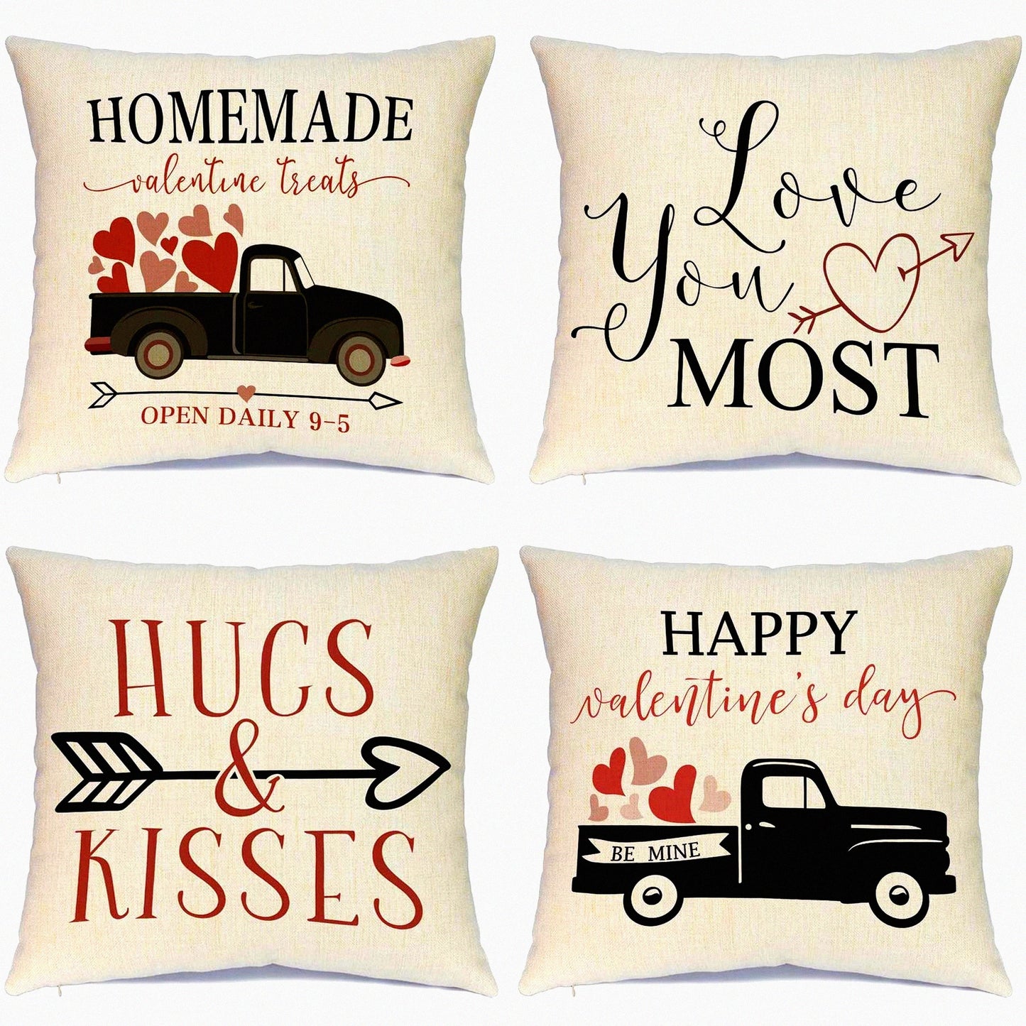 Heartfelt Love Decor Set - Valentine's Day Pillow Covers 18x18 Inches (Set of 4) - Red Heart Truck & Love Arrow Throw Pillow Covers for Sofa & Couch